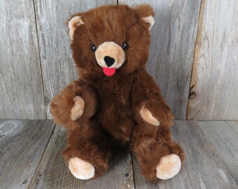 Vintage Teddy Bear Plush Huggit Ameritoy Hug It Stuffed Animal Brown Large Tongue 1982 USA