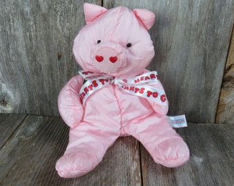 Vintage Pig Plush Stuffed Animal Pink Hog Nylon Backpack Green Heart Slick Hallmark Heartline 1991
