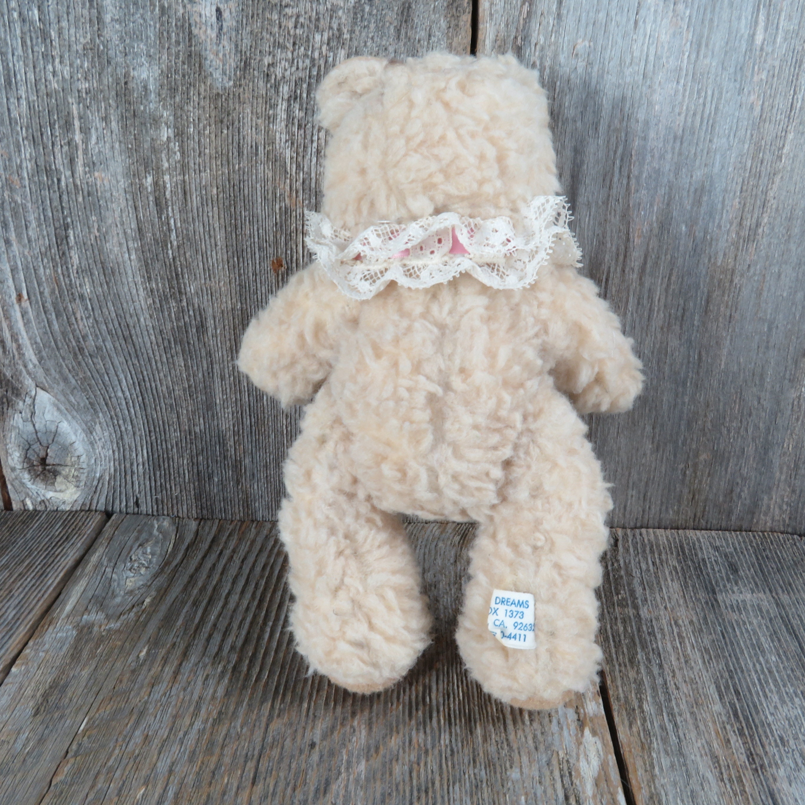 Vintage Teddy Bear Plush Cream Curly Fur Ribbon Lace Collar