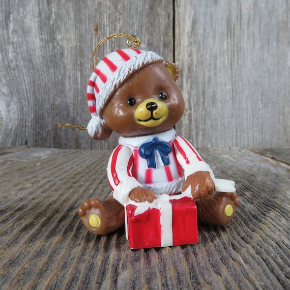 Vintage Teddy Bear Ornament Plastic Christmas Red Pajamas Santa