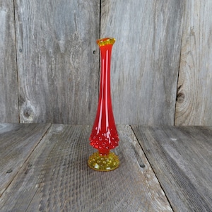 Vintage Fenton arte vidrio rojo naranja amarillo Hobnail 9&quot;Rose Bud Swung vase 2 tono medio siglo moderna Amberina Colonial
