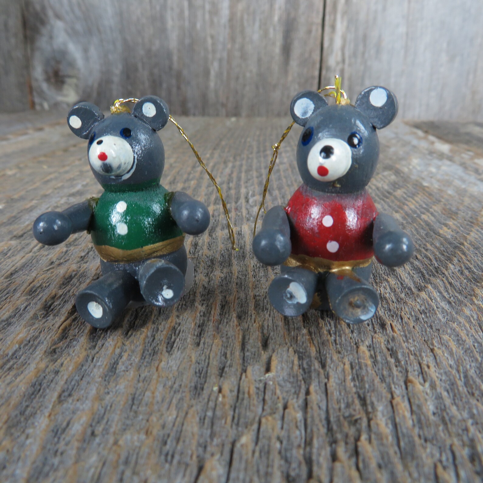 Vintage Teddy Bear Wooden Ornament Set Red Green Vest Grey Etsy