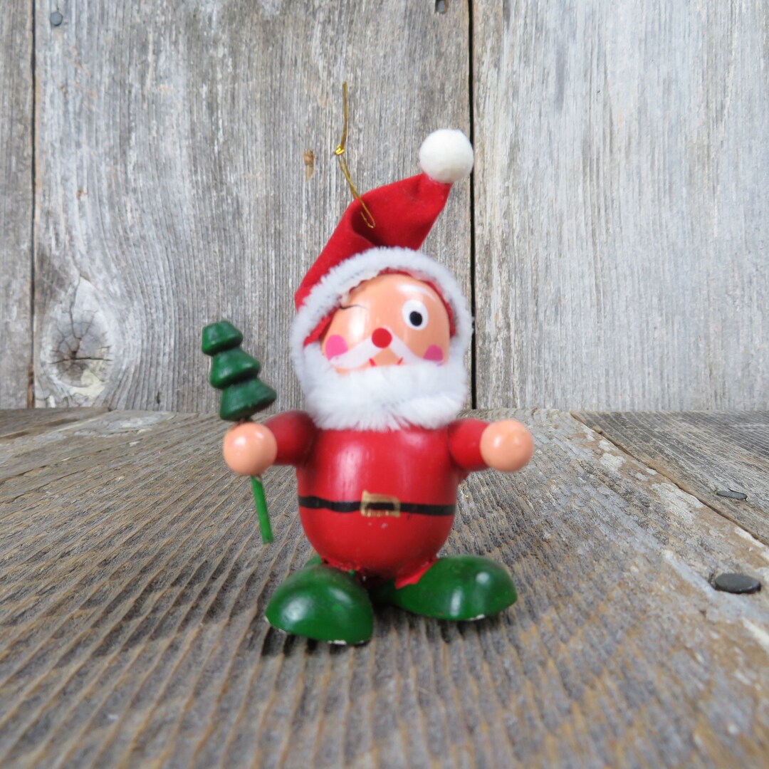 Vintage Wood Santa Winking Ornament Wooden Felt Hat Christmas Tree