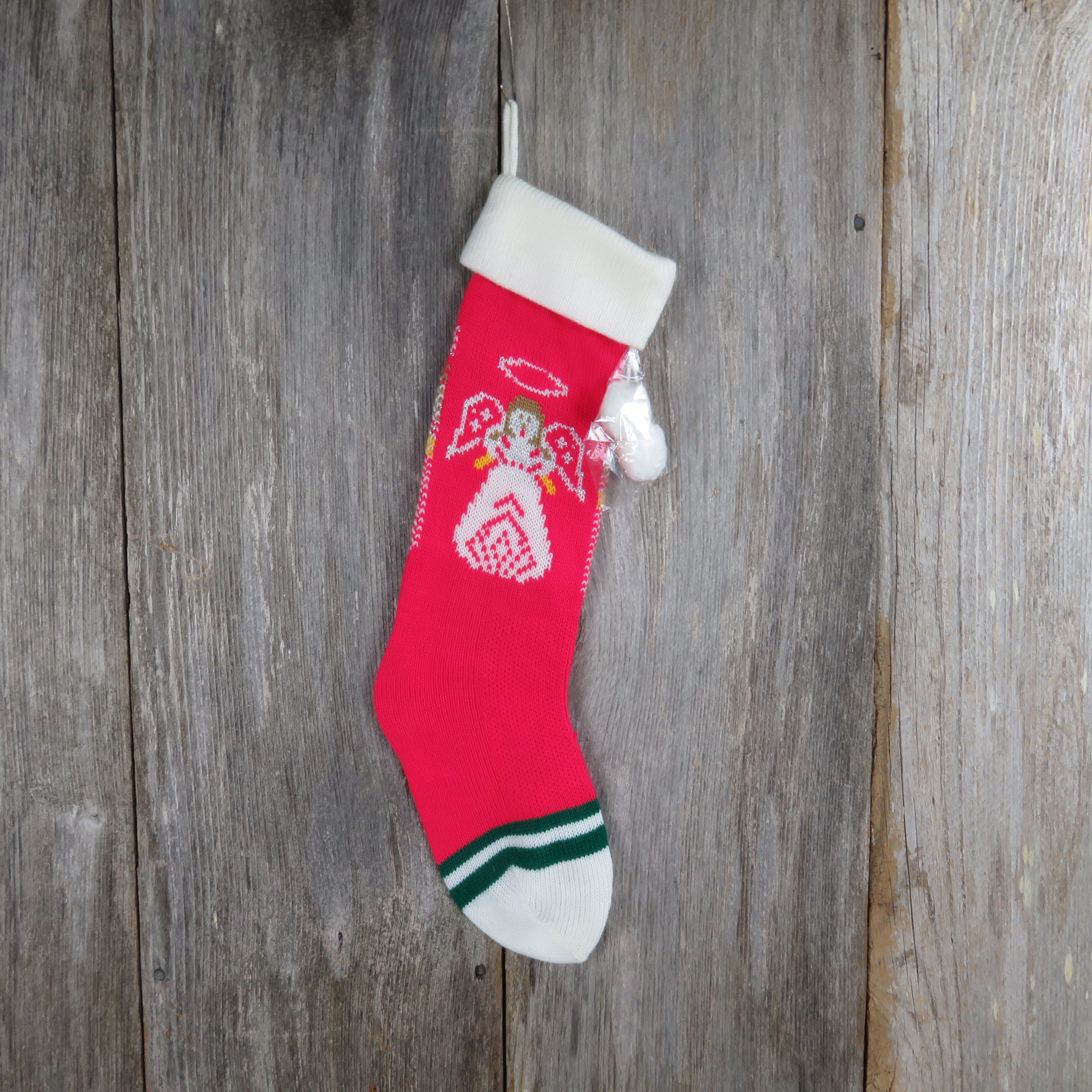 Vintage Angel Knit Stocking Christmas Silver Knitted Halo Red White Pom Pom  Taiwan 