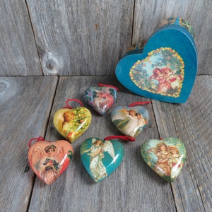 Vintage Herz Förmige Viktorianische Engel Ornament Set Papier Mache Decoupage Boxed Blue Heart Weihnachten