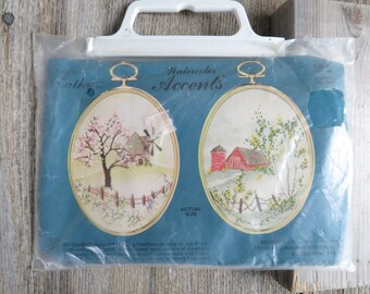 Cathy Needlecraft Watercolor Accents Windmill and Barn Crewel Embroidery Kit with Frames K008 Set of 2 Unused