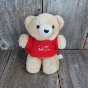 Vintage Christmas Bear Plush Red Shirt Happy Holidays Tan White Smith & Margol Stuffed Animal