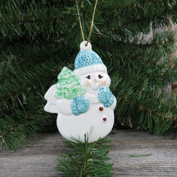 Vintage Snowman Porcelain Ornament Hallmark Blue White Flat