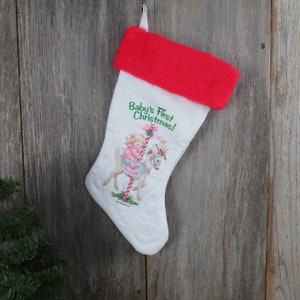 Vintage Baby&#39;s First Christmas Stocking Morehead Girl Doll on Carousel Reindeer Satin Pink Blue Candy Cane Stripes