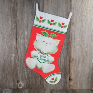 Vintage Kätzchen Katze Morehead Weihnachten Strumpf fröhliche Kissmis Holly Filz Fuzzy weiß Fleece Urlaub Dekor