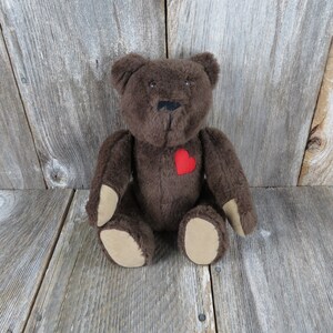 Vintage Handmade Teddy Bear Plush Red Heart Dark Brown Jointed Glass Eyes Stitched Nose Stuffed Animal