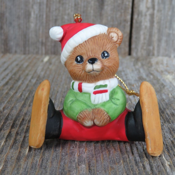 Vintage Teddy Bear on Skis Ornament Snow Shoes Ceramic Homco