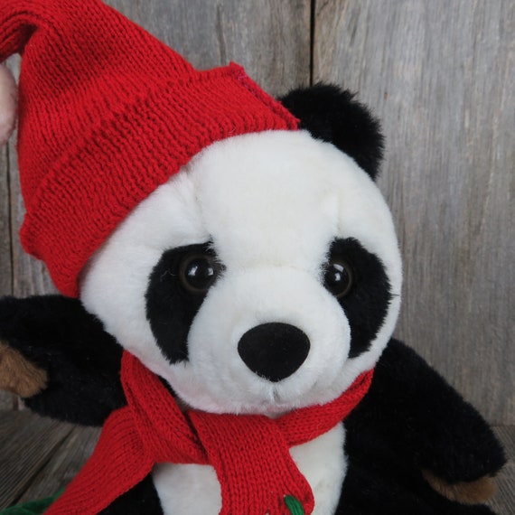 Vintage Winter Panda Bear Plush Brown Paws Red Knit Hat Scarf