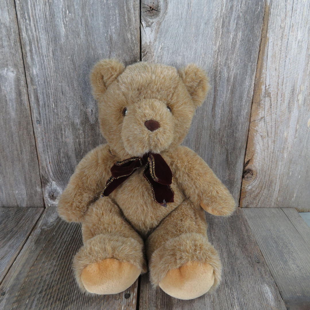 Vintage Teddy Bear Plush Sitting Brown Tan Velvet Bow Burgundy American ...
