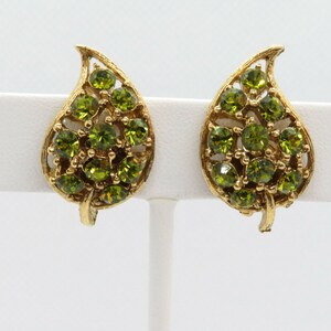 Vintage Rhinestone Clip Earrings Green Leaf Leave Gold Tone Fall Spring Costume