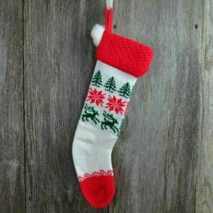 Vintage punto reno media tejida Navidad tejido árbol copo de nieve verde rojo blanco