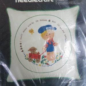 Vintage Little Boy with Wagon Pillow Crewel Embroidery Kit Bucilla Stitchery Craft Wool I&#39;m On My Way