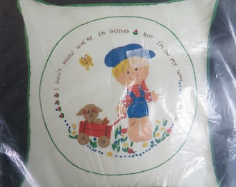 Vintage Little Boy with Wagon Pillow Crewel Embroidery Kit Bucilla Stitchery Craft Wool I'm On My Way
