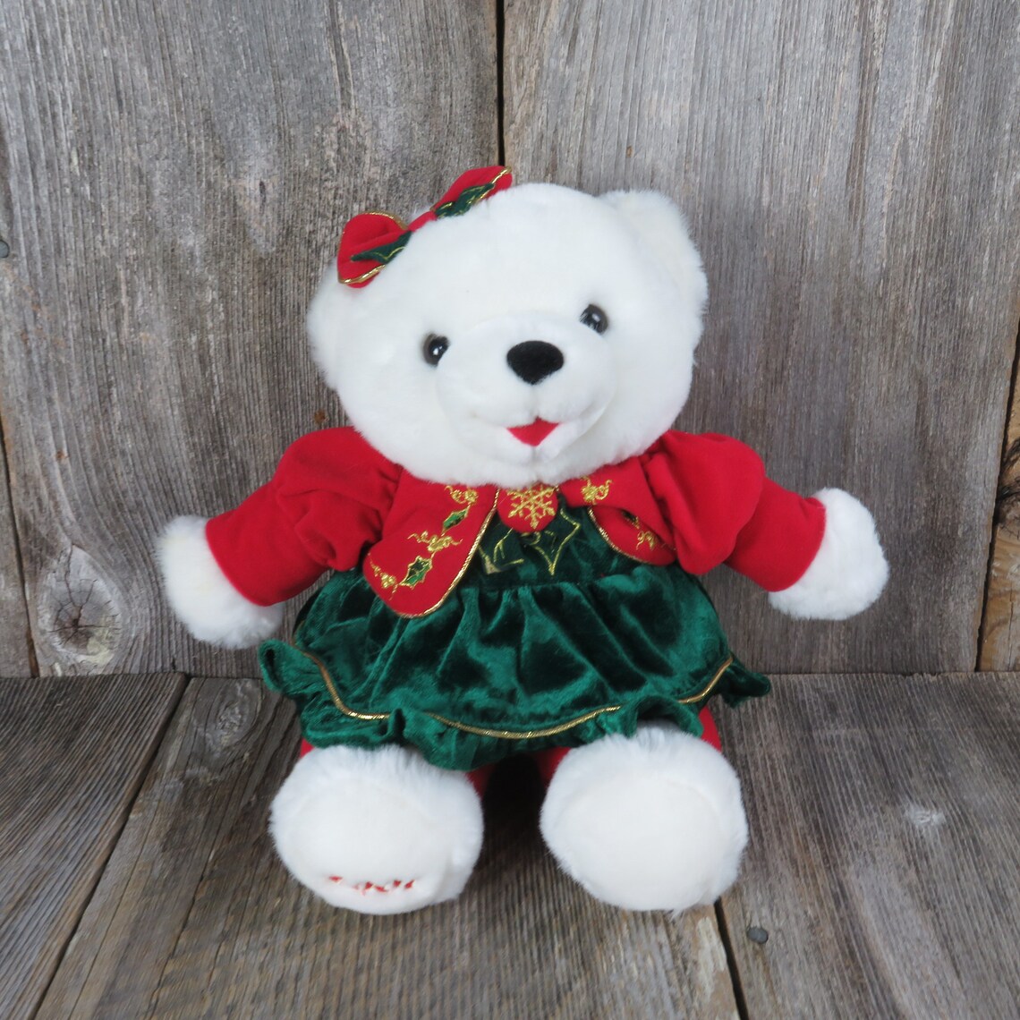 Vintage White Christmas Bear Plush Snowflake Holiday Girl Etsy