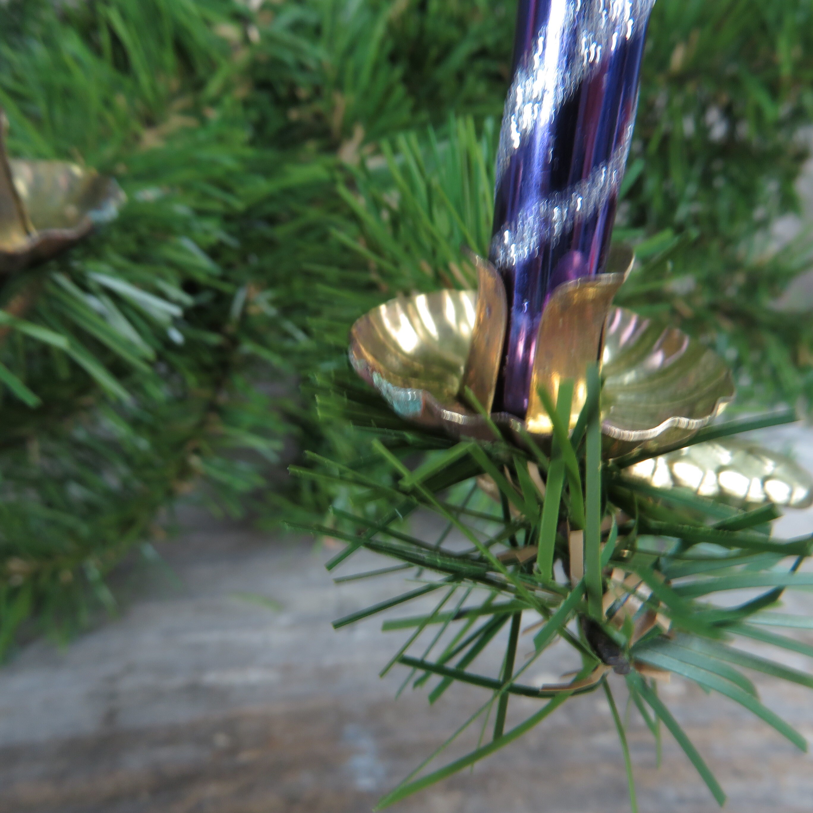 Purple Striped Candle Clip Ornament Vintage Glass Silver Glitter
