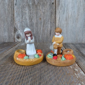 Praying Pilgrim Boy and Girl Candleholder Figurine Ceramic House of LLoyd Thanksgiving Pumpkin 1987