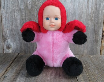 vintage Ladybug Doll Peluche Kellytoy Rubber Face Stuffed Animal Body Red Pink 2000 Kelly jouet