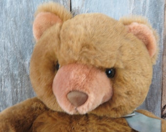 Vintage Large Brown Teddy Bear Plush Bow Flocked Nose Ribbon