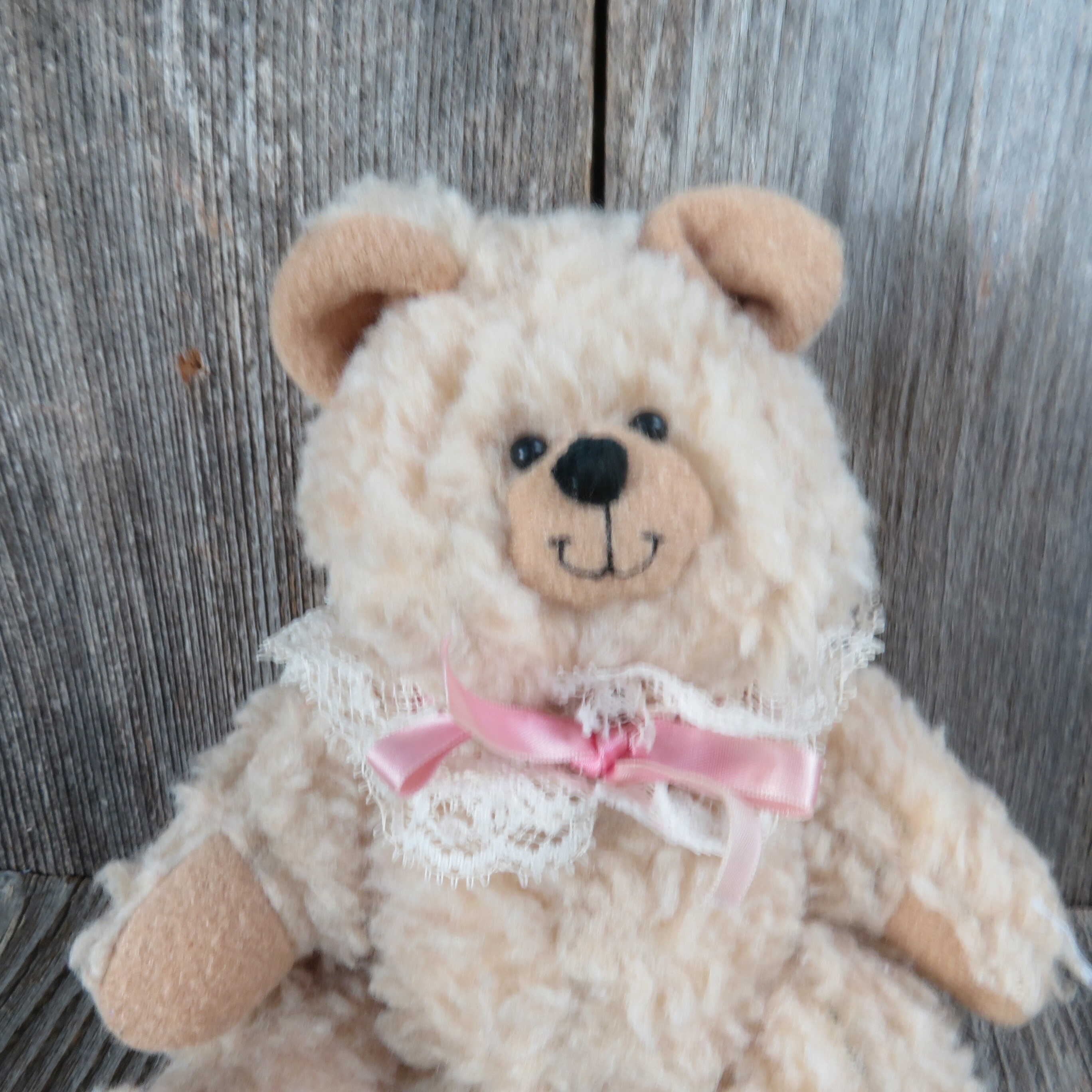 ぬいぐるみ vintage teddy bear with lace ribbon Vintage Teddy Bear Plush Cream Curly Fur Ribbon Lace Collar