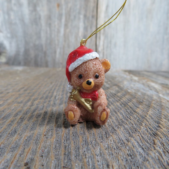 Vintage Teddy Bear Ornament Santa Hat and Horn Christmas - Etsy