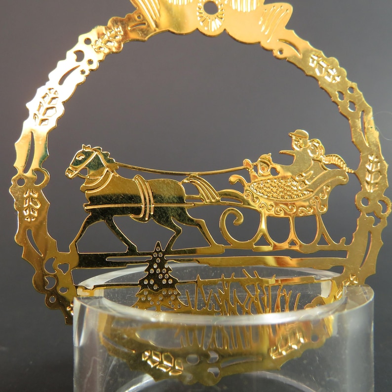Vintage Sleigh Ride Christmas Ornament Hallmark Gold Metal Etsy