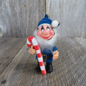 Vintage Flocked Blue Elf Ornament Christmas Beard Candy Cane Gnome Dwarf