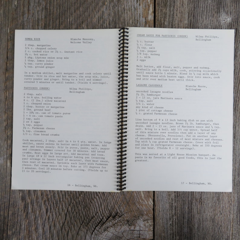 May include: A vintage cookbook with handwritten recipes for Sonda Rice, Pastichis (Greek), and Lasagne Casserole. The recipes include ingredients and instructions for each dish.