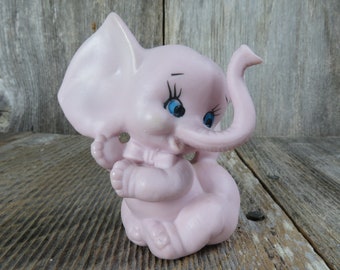 Vintage Pink Elephant Figurine Ceramic Bisque Blue Eyes Porcelain Made in Japan