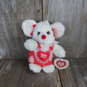 Vintage White Mouse Plush Valentine Dan Dee Red You&#39;re Cute Flocked Nose Fabric Body Cloth Pascua Animal de peluche