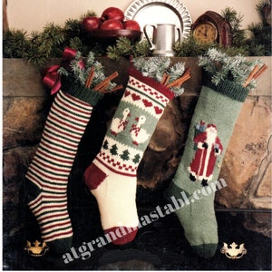 Vintage Knit Christmas Stocking Pattern Santa Claus Geese Striped Knitted Stockings Stitch Needle Craft Download PDF Instructions Pattern