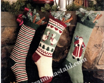 Vintage Knit Christmas Stocking Pattern Santa Claus Geese Striped Knitted Stockings Stitch Needle Craft Download PDF Instructions Pattern