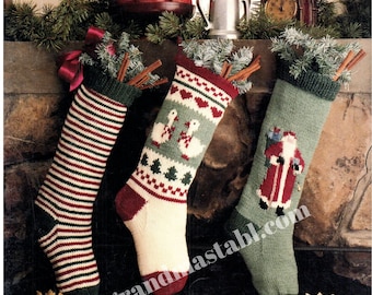 Vintage Knit Christmas Stocking Pattern Santa Claus Geese Striped Knitted Stockings Stitch Needle Craft Download PDF Instructions Pattern