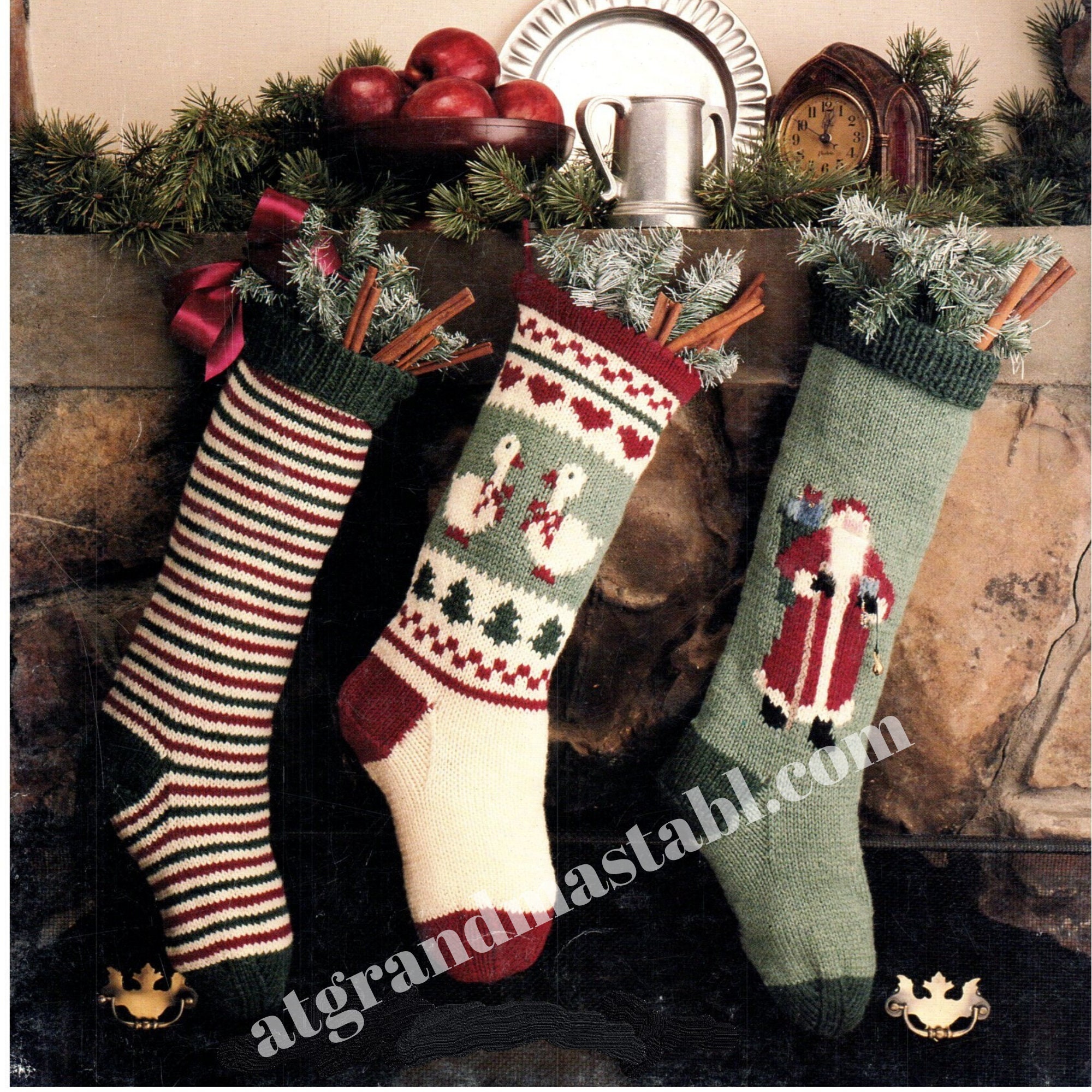 Vintage Knit Christmas Stocking Pattern Santa Claus Geese Striped