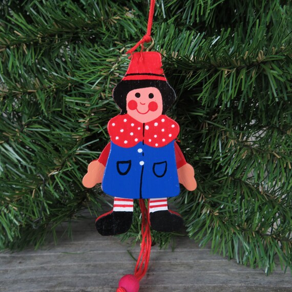Red and Blue Boy Pull String Wood Ornament Vintage Wooden Jumping