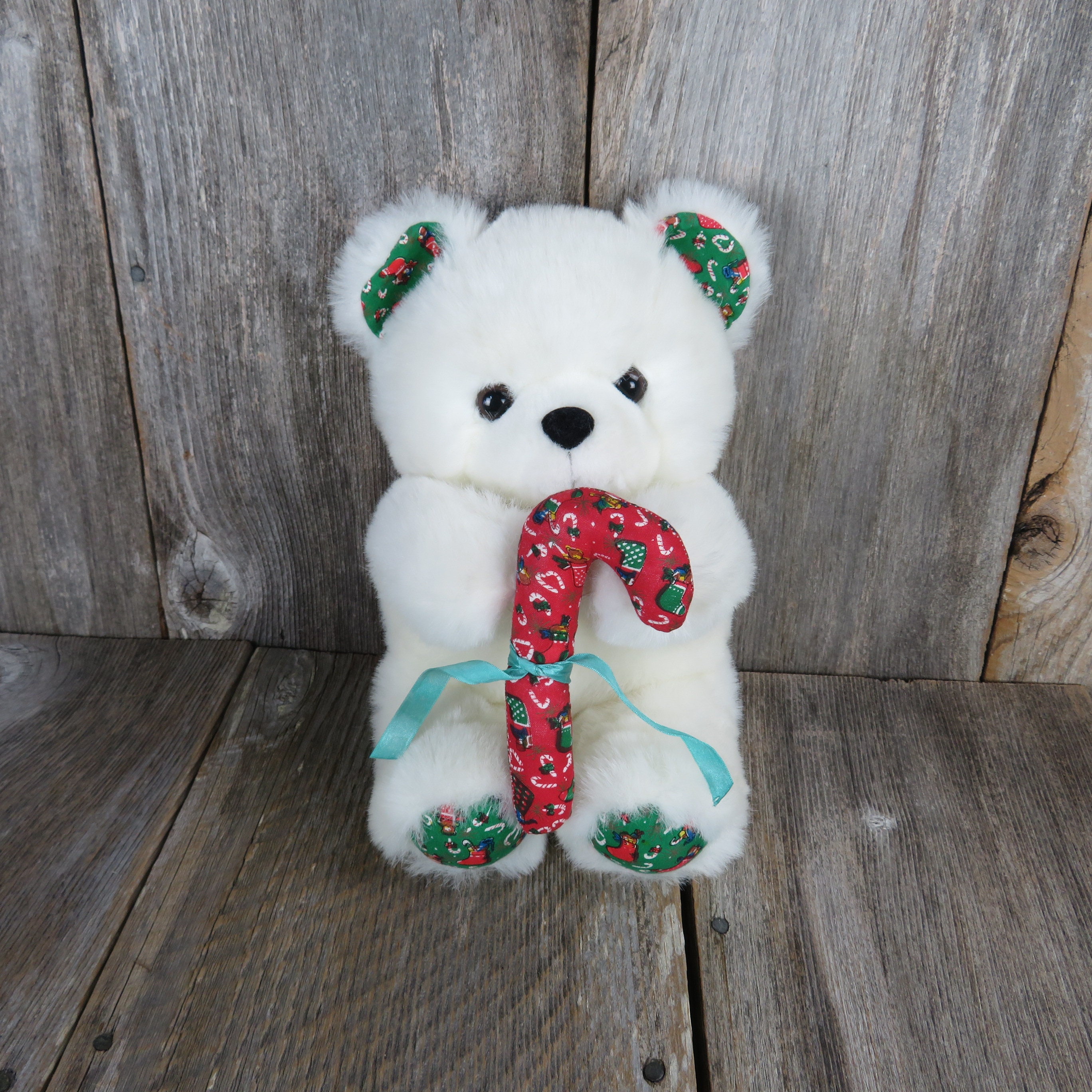 Vintage White Teddy Bear Plush Fiesta Holiday Candy Cane Fabric