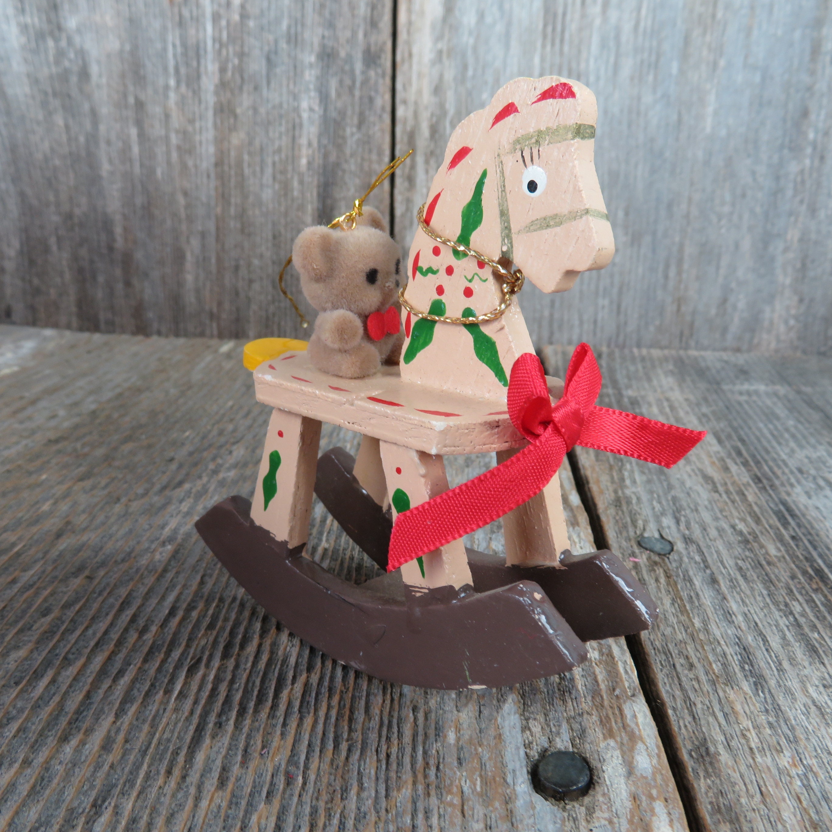Vintage Wooden Rocking Horse Ornament Flocked Teddy Bear Toy Etsy UK
