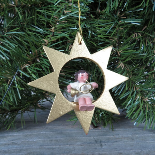 Vintage Angles on Gold Star Wood Ornament with French Horn Wooden Christmas