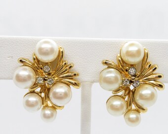 Clip Vintage en pendientes, joyería de perlas falsas y joyería de piedra de renania, pendientes de tono de oro, pendientes de oro y blanco vintage, joyería retro vintage