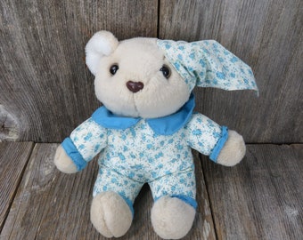 Teddy Bear Plush in Pajamas Tan Blue Flowers Nightcap Brown Plastic Nose Stuffed Animal