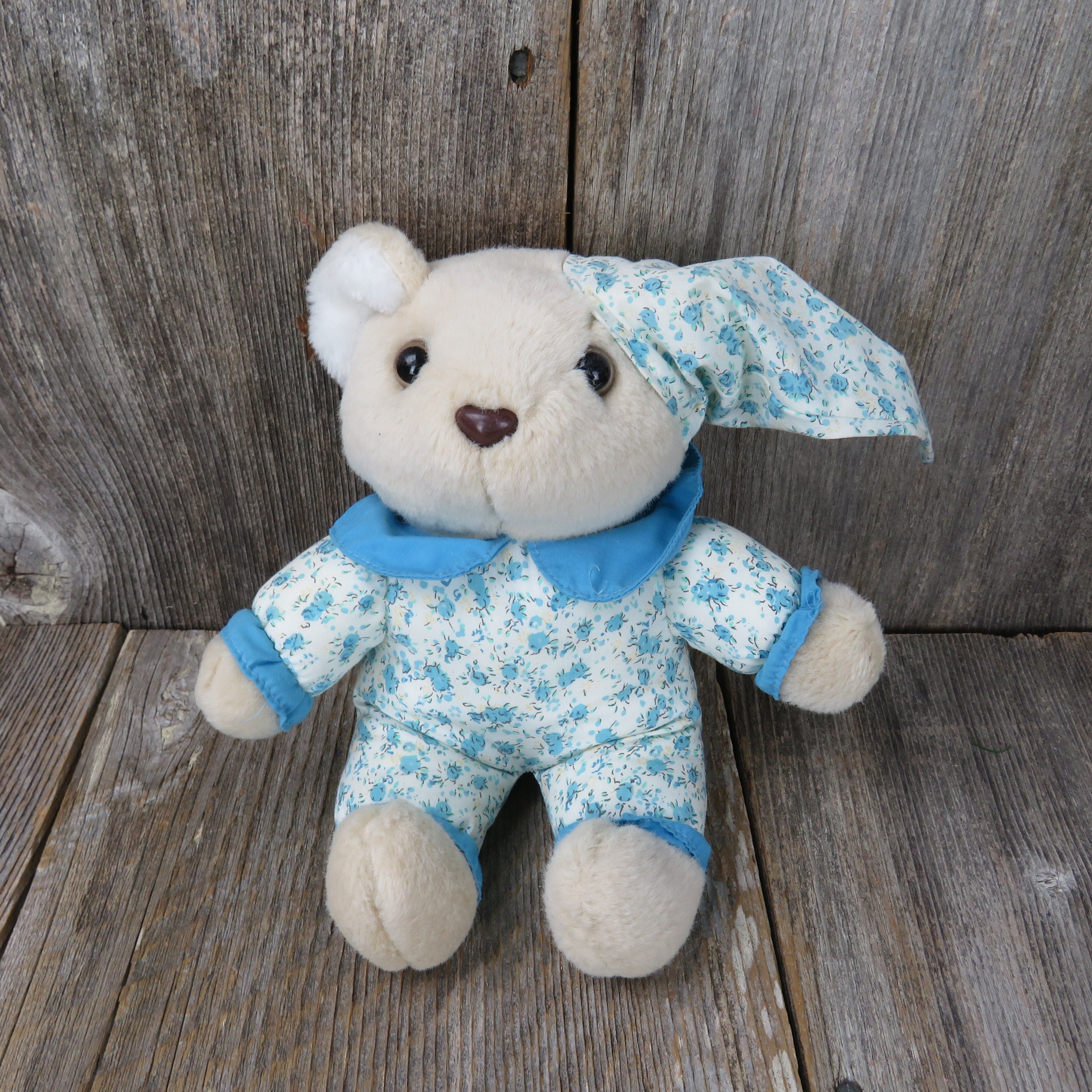 Teddy Bear Plush in Pajamas Tan Blue Flowers Nightcap Brown