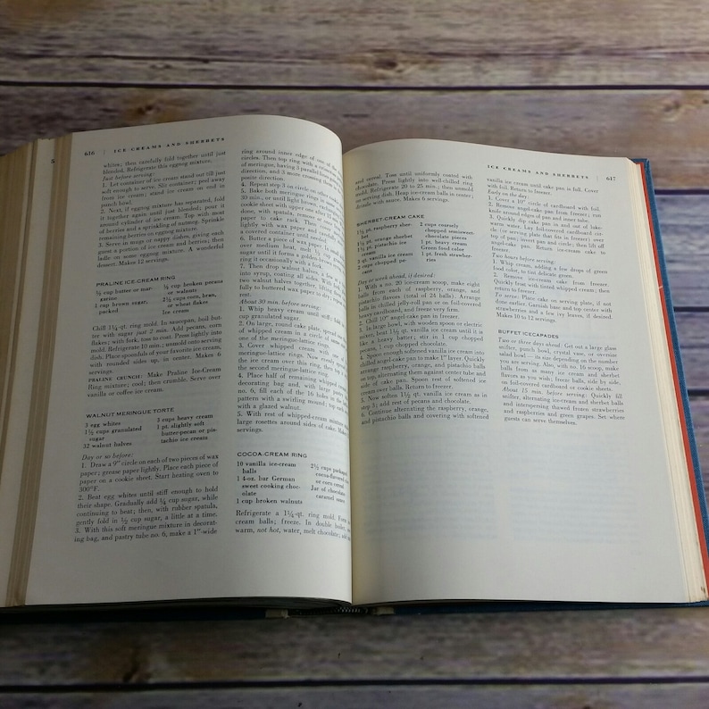 May include: Open cookbook with a blue cover showing a recipe for Walnut Crinkle Torte and a recipe for Cocoa Cream Ring. The book is open to pages 416 and 417.