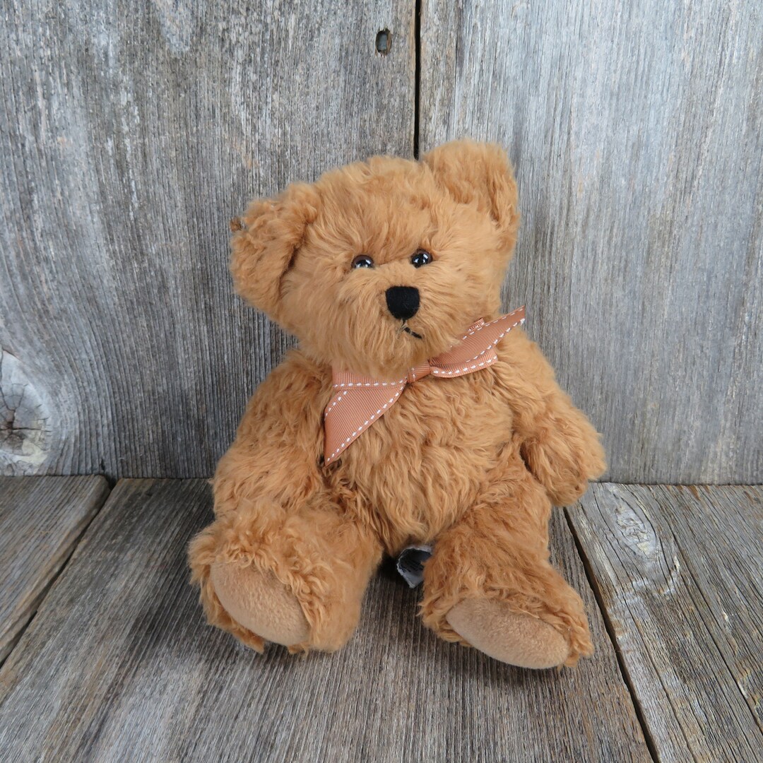 Vintage Teddy Bear Plush Brown Furry Red Bow Russ Stitched Nose Stuffed ...