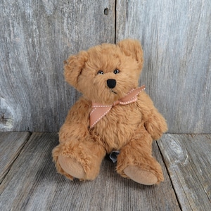 Vintage Teddy Bear Plush Brown Furry Red Bow Russ Stitched Nose Stuffed Animal