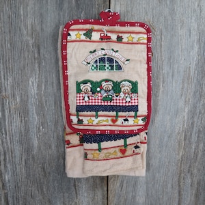 Vintage Teddy Bear Christmas Kitchen Towel Dishcloth Potholder Set 100% Cotton Red Beige Blue Oven Mitt