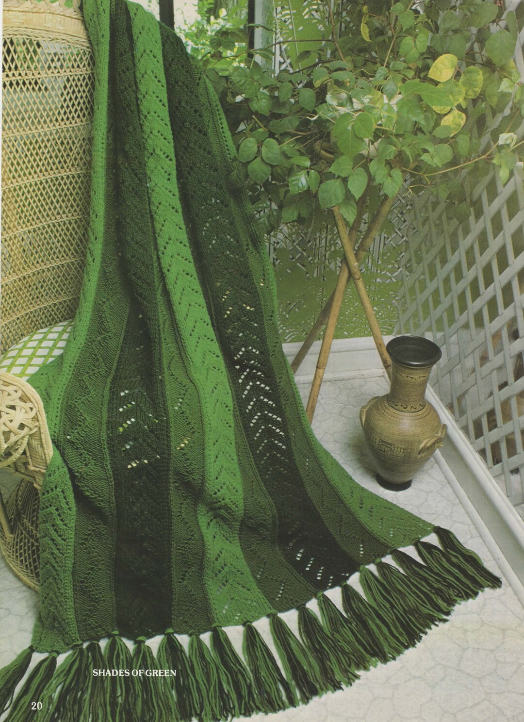 Vintage Knit Afghan Pattern Shades of Green Knitted Stitch Blanket